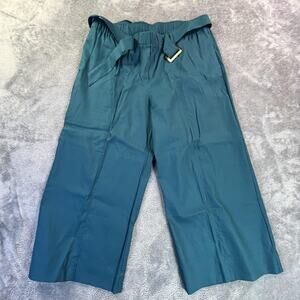 J Jill Linen Stretch Pants Womens Large Petite Teal Wide Leg Cropped Belted
